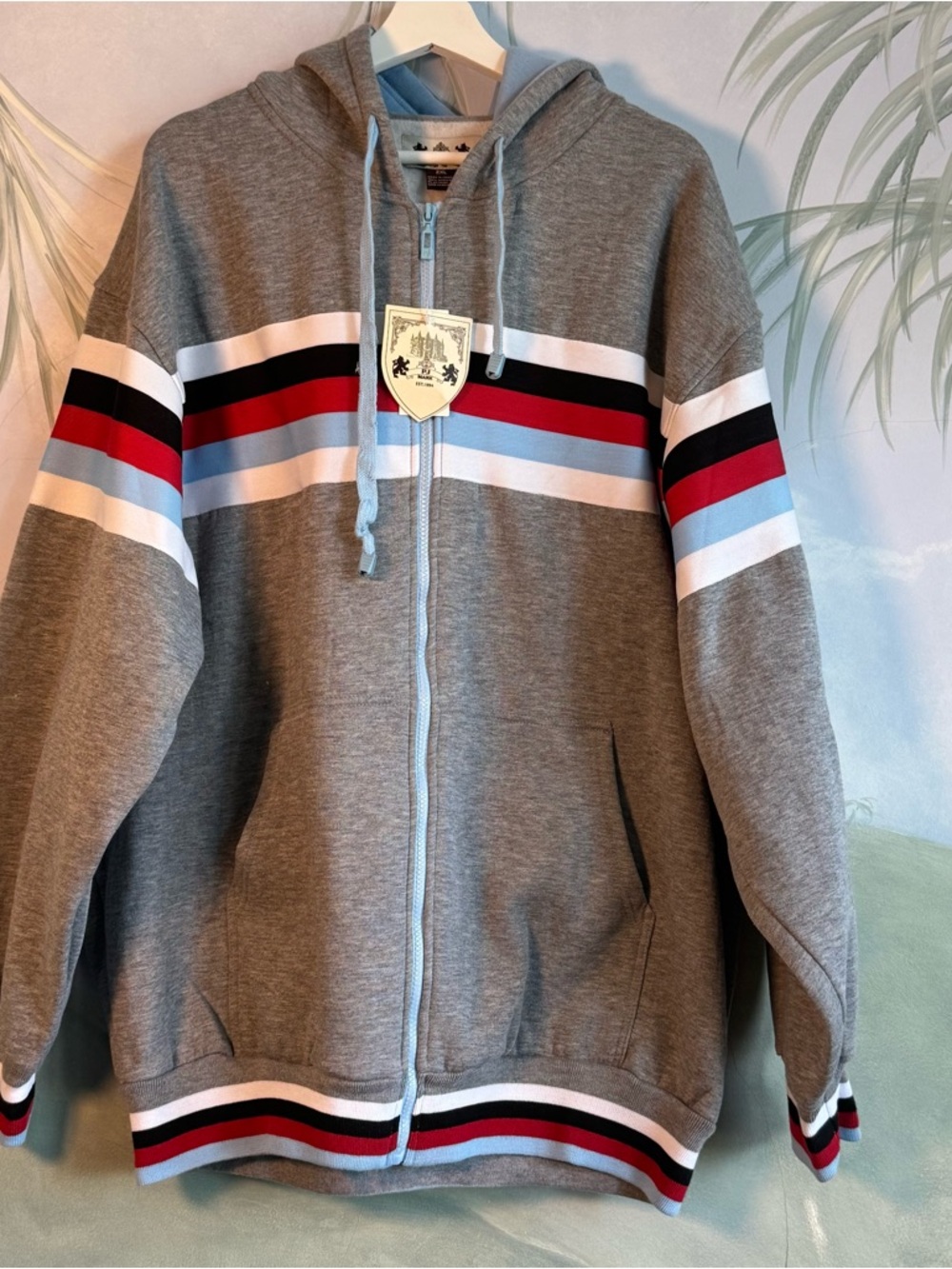 PJ Mark Grey Zip-Up Hoodie with Red, Black & Sky Blue Stripes, size 2XL, NWT
